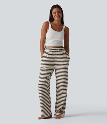 Pantalon de détente large en flanelle rayée taille haute avec poches