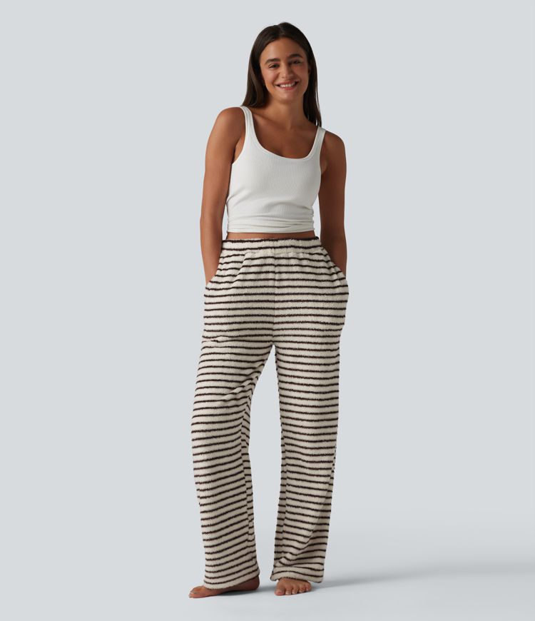 Pantalon de détente large en flanelle rayée taille haute avec poches