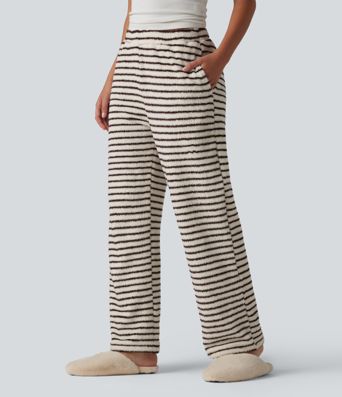 Pantalon de détente large en flanelle rayée taille haute avec poches