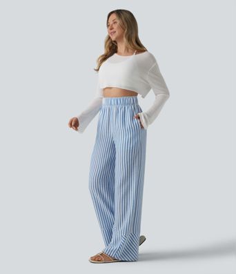 High Waisted Wide Leg Stripe Casual Linen-Feel Pants with Pockets