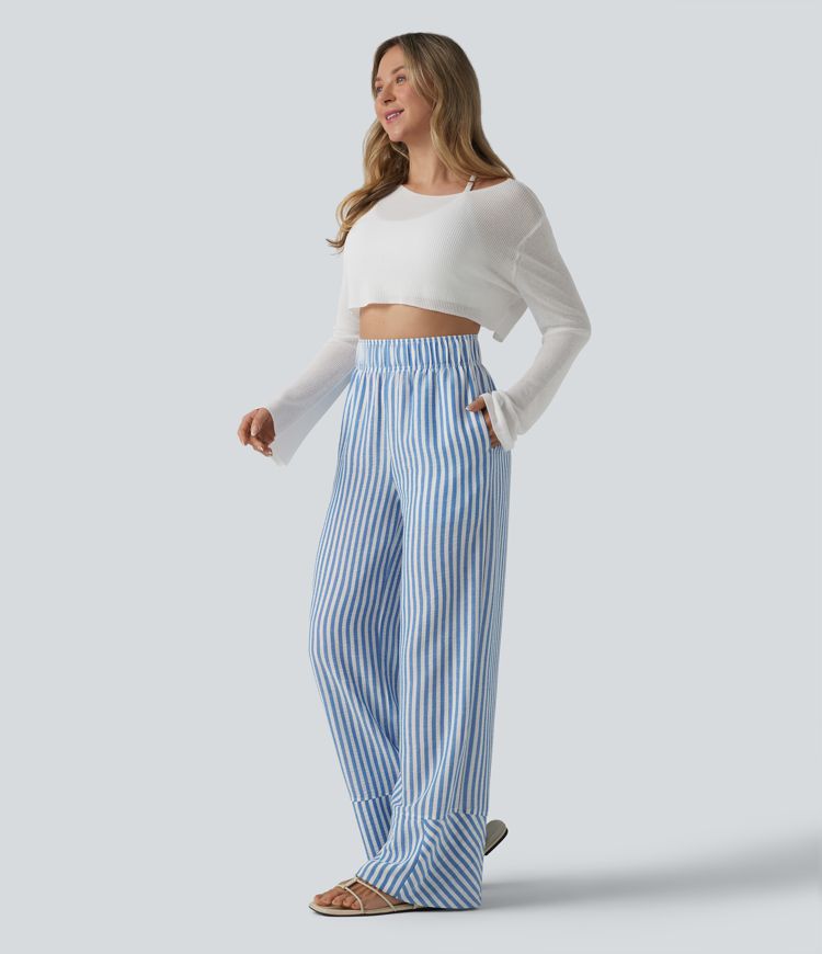High Waisted Wide Leg Stripe Casual Linen-Feel Pants with Pockets