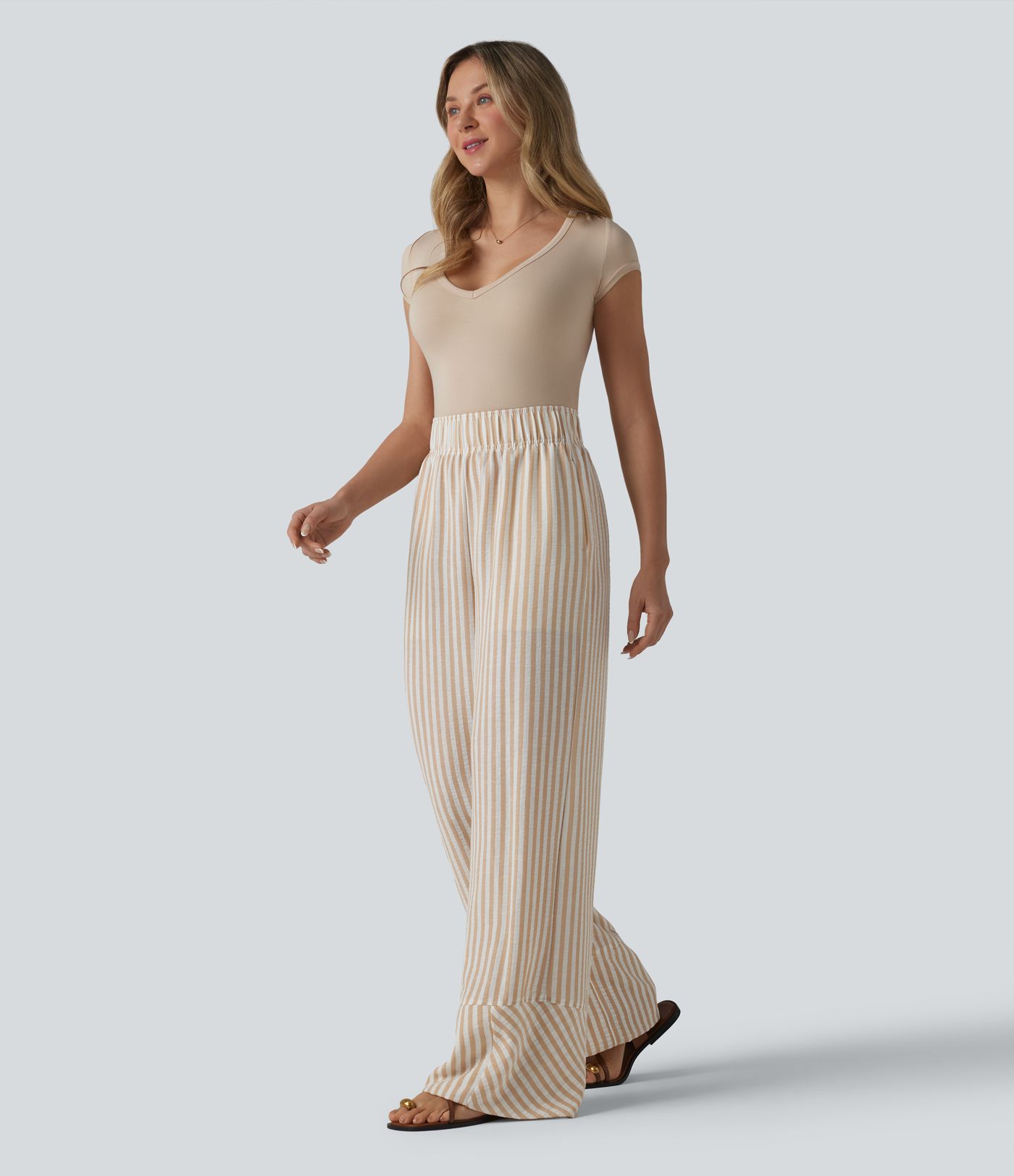 High Waisted Wide Leg Stripe Casual Linen-Feel Pants with Pockets