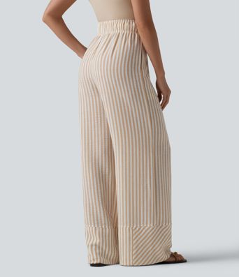 High Waisted Wide Leg Stripe Casual Linen-Feel Pants with Pockets