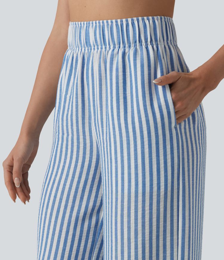 High Waisted Wide Leg Stripe Casual Linen-Feel Pants with Pockets