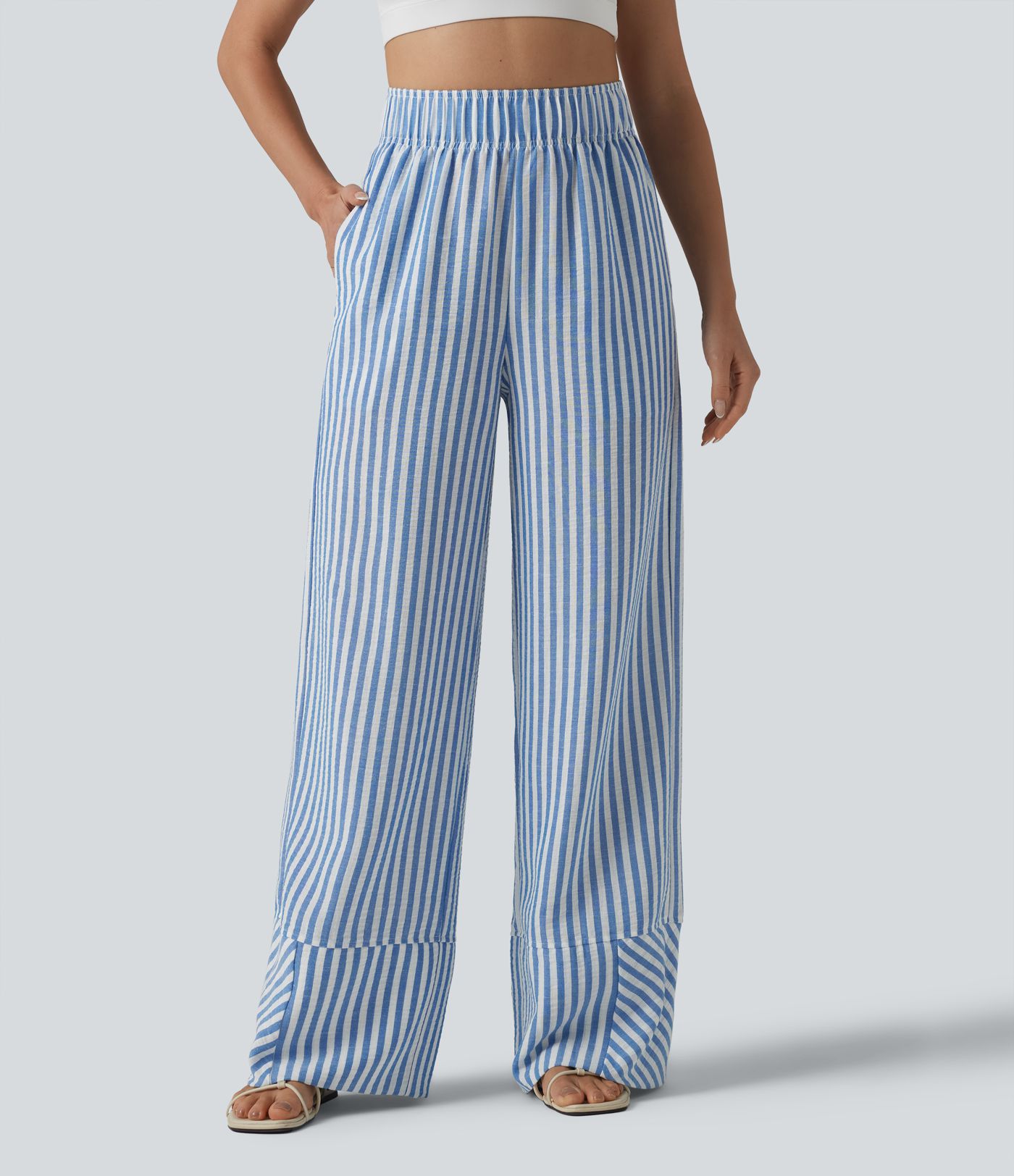 High Waisted Wide Leg Stripe Casual Linen-Feel Pants with Pockets