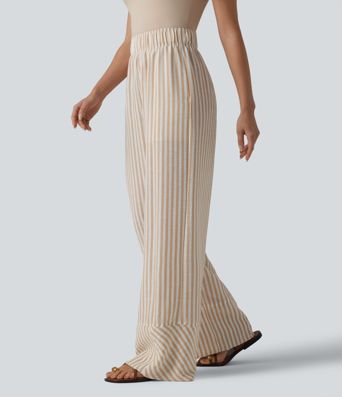 High Waisted Wide Leg Stripe Casual Linen-Feel Pants with Pockets