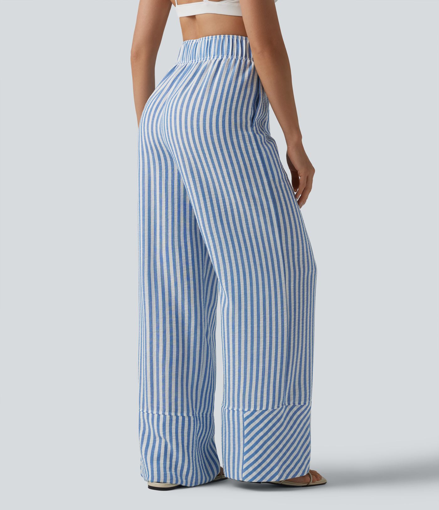 High Waisted Wide Leg Stripe Casual Linen-Feel Pants with Pockets