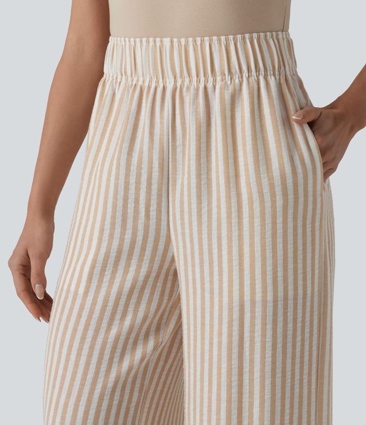 High Waisted Wide Leg Stripe Casual Linen-Feel Pants with Pockets