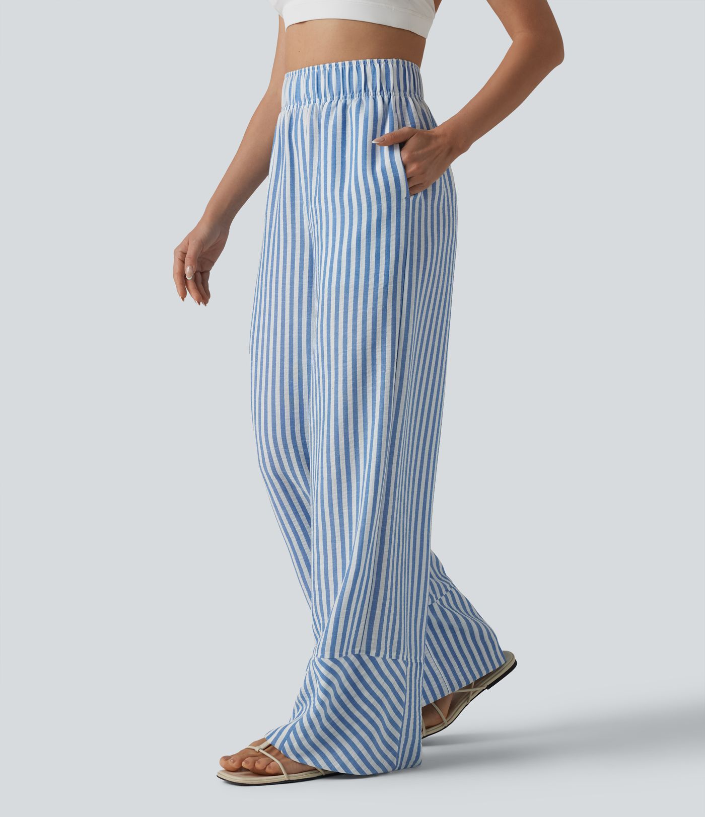 High Waisted Wide Leg Stripe Casual Linen-Feel Pants with Pockets