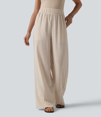 High Waisted Wide Leg Stripe Casual Linen-Feel Pants with Pockets