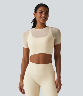 Contrast Mesh Short Sleeve 2-in-1 Cropped Yoga Sports Top Contrast Mesh Short Sleeve 2-in-1 Cropped Yoga Sports Top