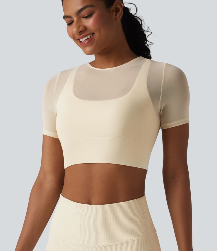 Contrast Mesh Short Sleeve 2-in-1 Cropped Yoga Sports Top Contrast Mesh Short Sleeve 2-in-1 Cropped Yoga Sports Top
