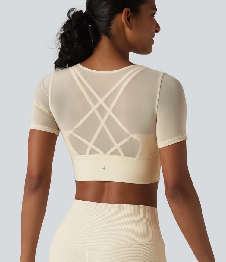 Contrast Mesh Short Sleeve 2-in-1 Cropped Yoga Sports Top Contrast Mesh Short Sleeve 2-in-1 Cropped Yoga Sports Top