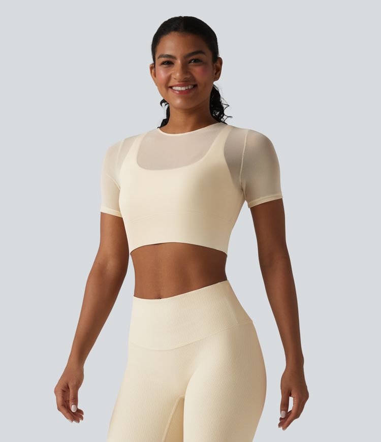 Contrast Mesh Short Sleeve 2-in-1 Cropped Yoga Sports Top Contrast Mesh Short Sleeve 2-in-1 Cropped Yoga Sports Top