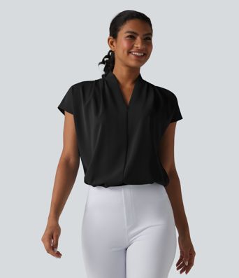 Wrinkle-resistant V-neck Batwing Sleeve Loose Fit Work Blouse