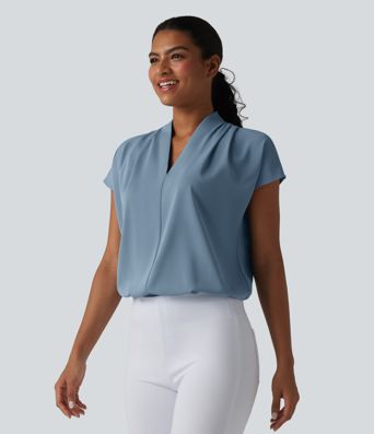 Blouse de travail col V infroissable à manches chauve-souris coupe ample