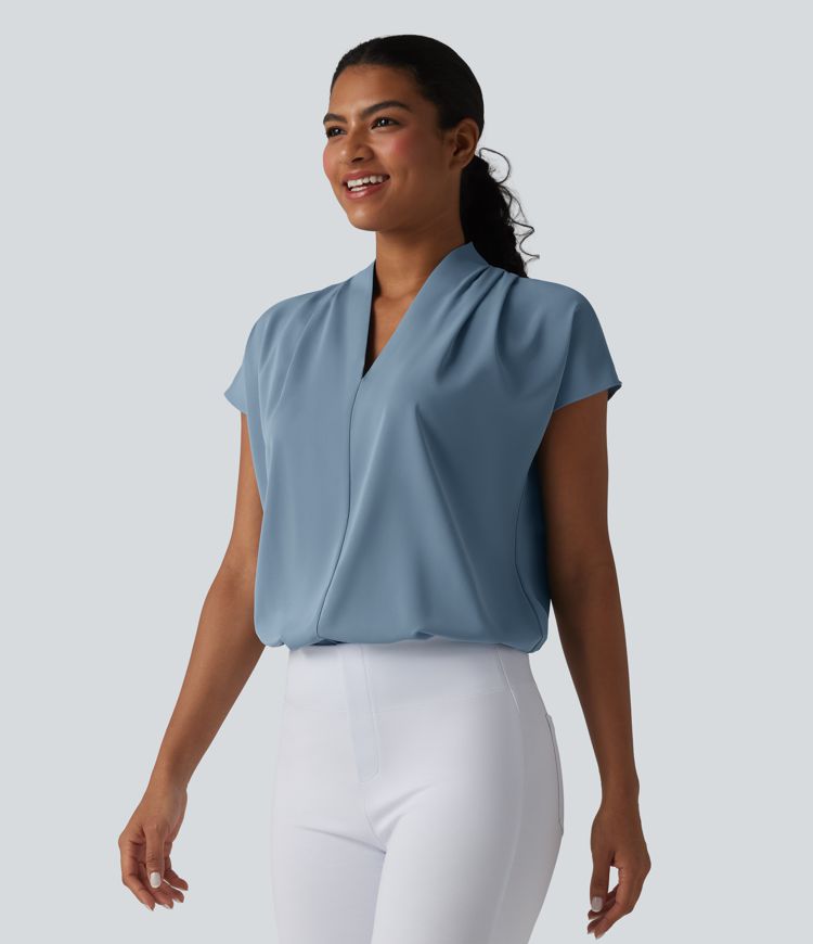 Blouse de travail col V infroissable à manches chauve-souris coupe ample