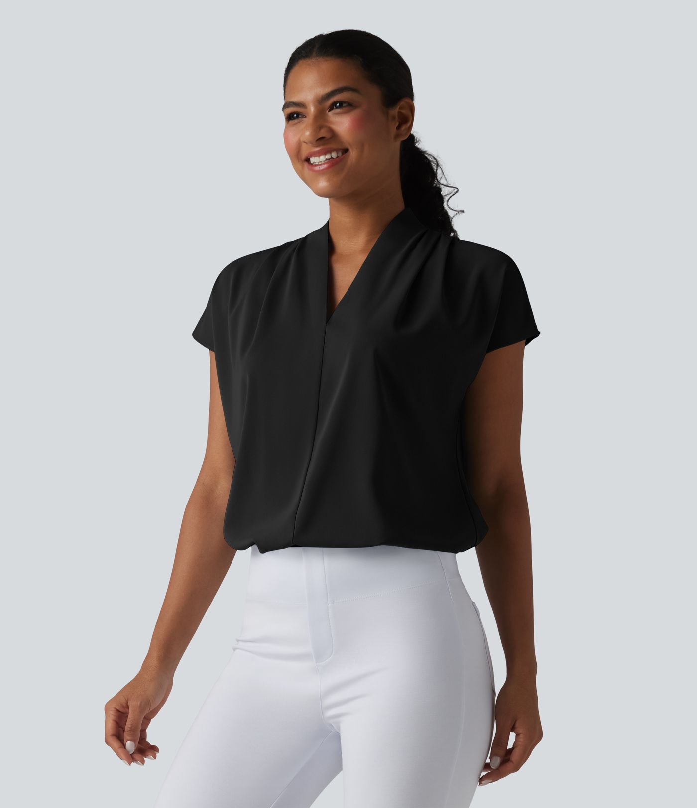 Wrinkle-resistant V-neck Batwing Sleeve Loose Fit Work Blouse