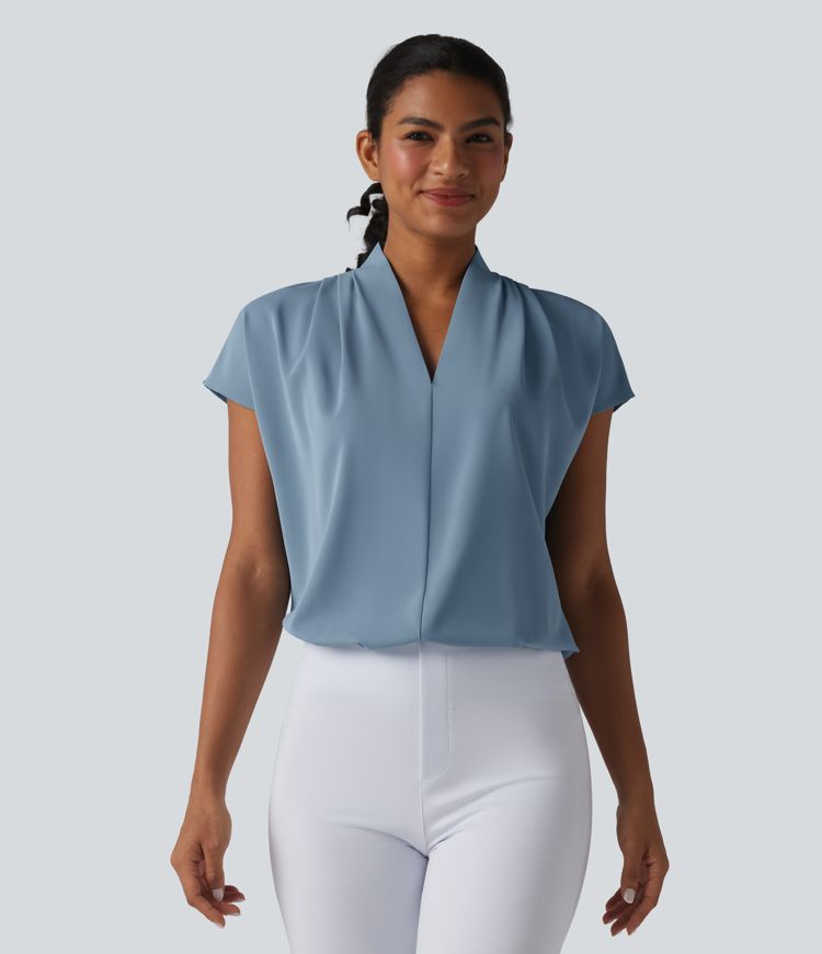 Blouse de travail col V infroissable à manches chauve-souris coupe ample