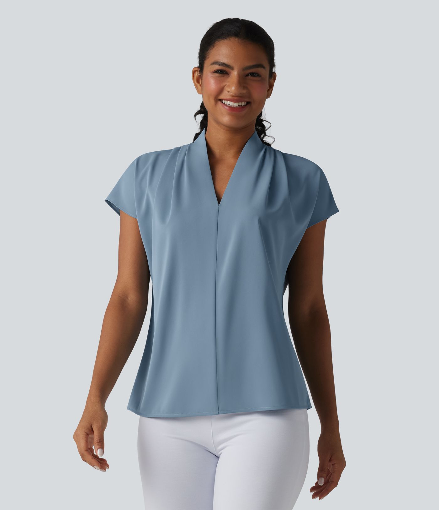 Blouse de travail col V infroissable à manches chauve-souris coupe ample