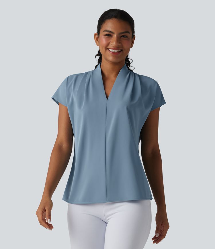 Blouse de travail col V infroissable à manches chauve-souris coupe ample