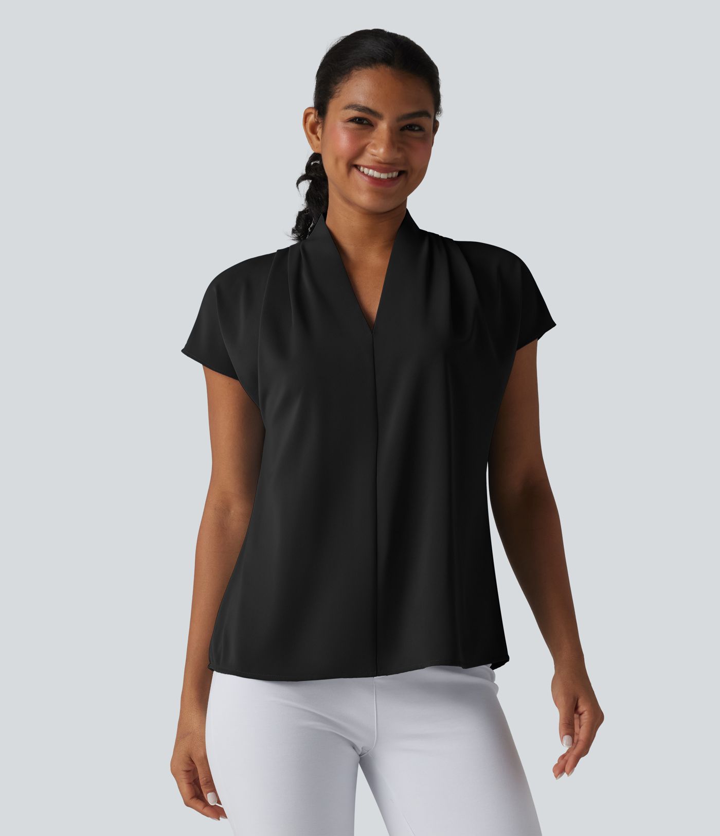 Wrinkle-resistant V-neck Batwing Sleeve Loose Fit Work Blouse