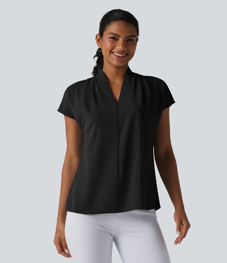 Wrinkle-resistant V-neck Batwing Sleeve Loose Fit Work Blouse