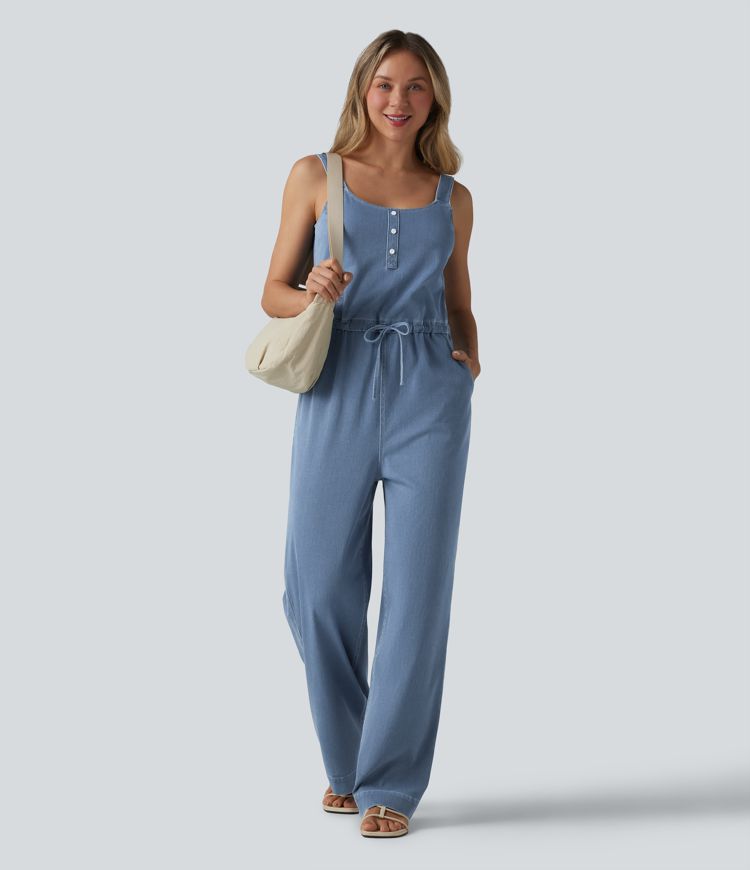 Halara Flex™ Drawstring Straight Leg Denim Casual Jumpsuit with Pockets