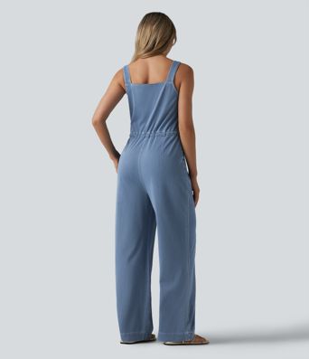 Halara Flex™ Drawstring Straight Leg Denim Casual Jumpsuit with Pockets