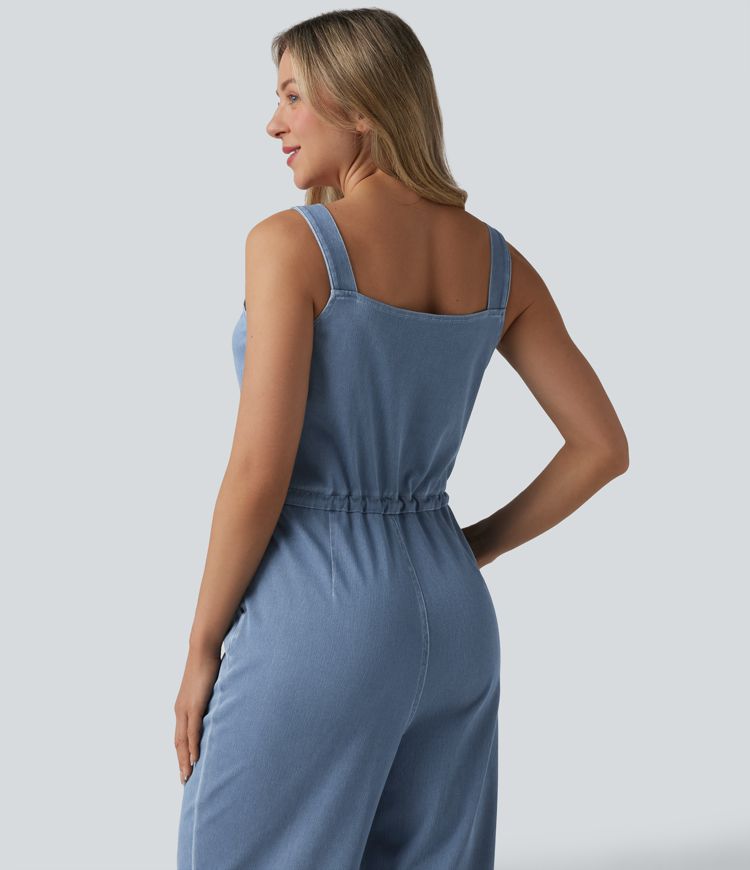 Halara Flex™ Drawstring Straight Leg Denim Casual Jumpsuit with Pockets