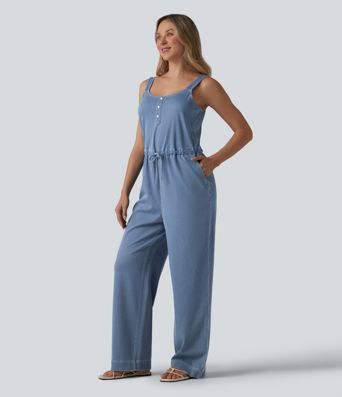 Halara Flex™ Drawstring Straight Leg Denim Casual Jumpsuit with Pockets