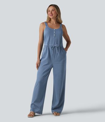 Halara Flex™ Drawstring Straight Leg Denim Casual Jumpsuit with Pockets