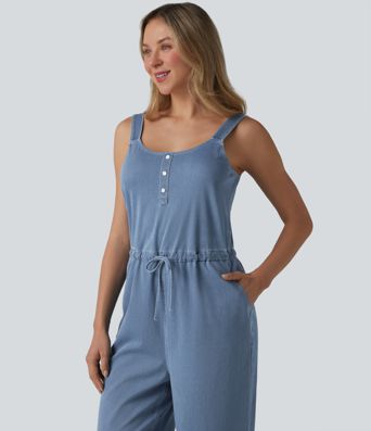 Halara Flex™ Drawstring Straight Leg Denim Casual Jumpsuit with Pockets
