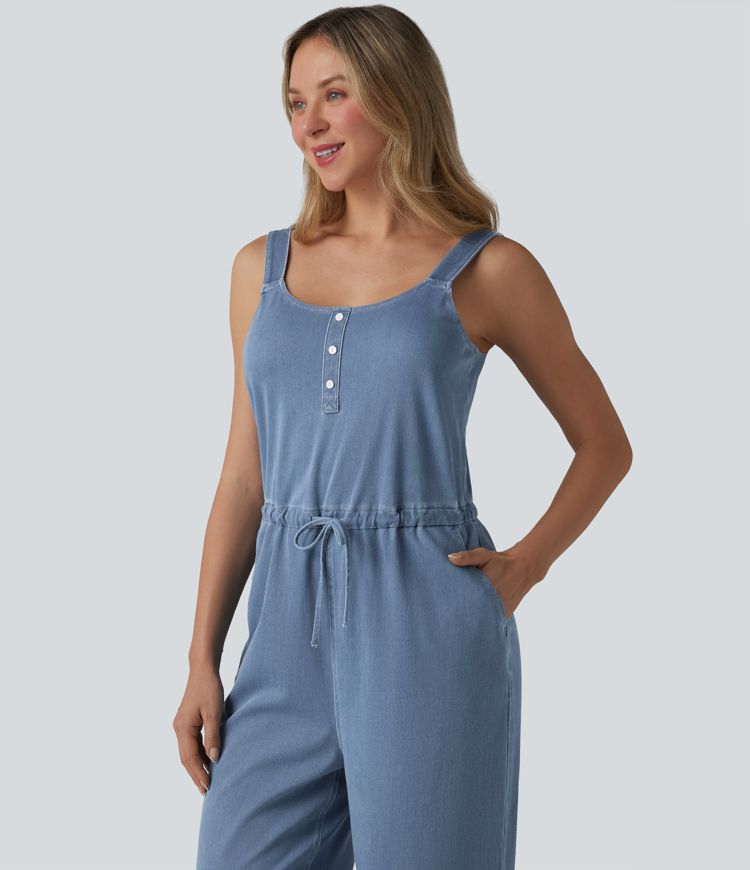 Halara Flex™ Drawstring Straight Leg Denim Casual Jumpsuit with Pockets