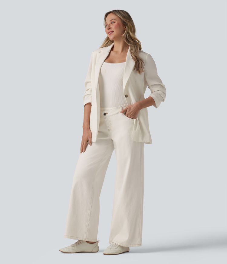 3/4 Sleeve Ruched Linen-Feel Work Blazer with Pockets