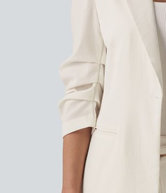 3/4 Sleeve Ruched Linen-Feel Work Blazer with Pockets
