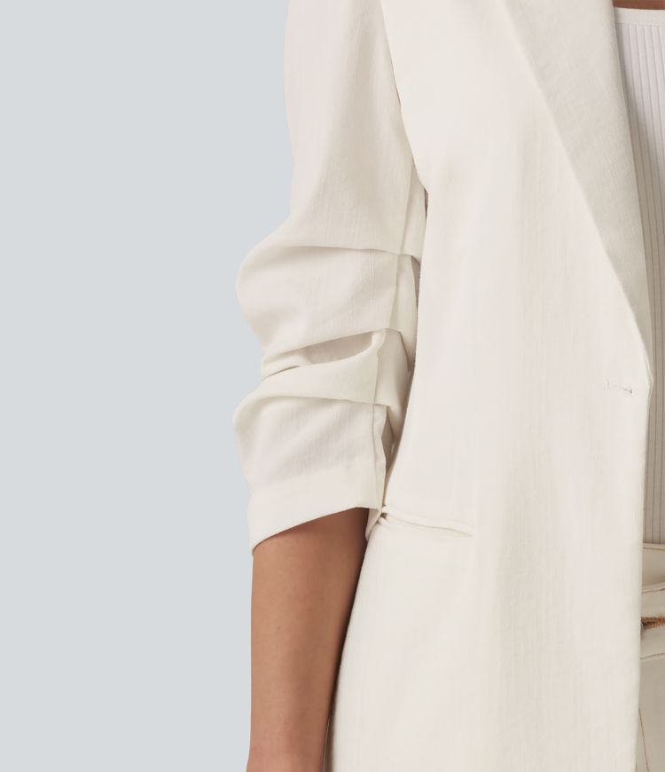 3/4 Sleeve Ruched Linen-Feel Work Blazer with Pockets