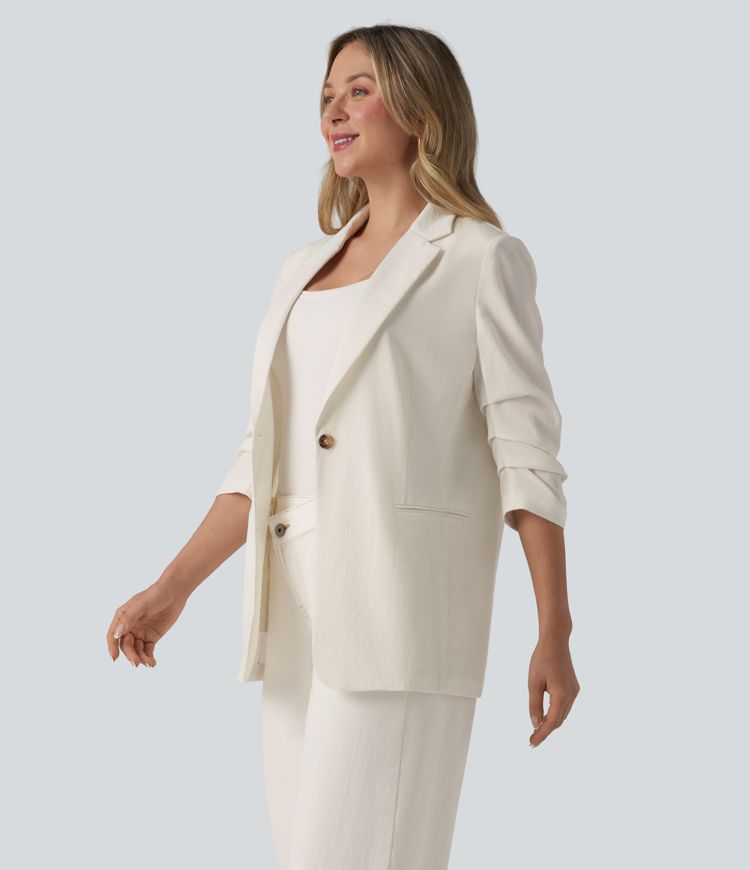 3/4 Sleeve Ruched Linen-Feel Work Blazer with Pockets