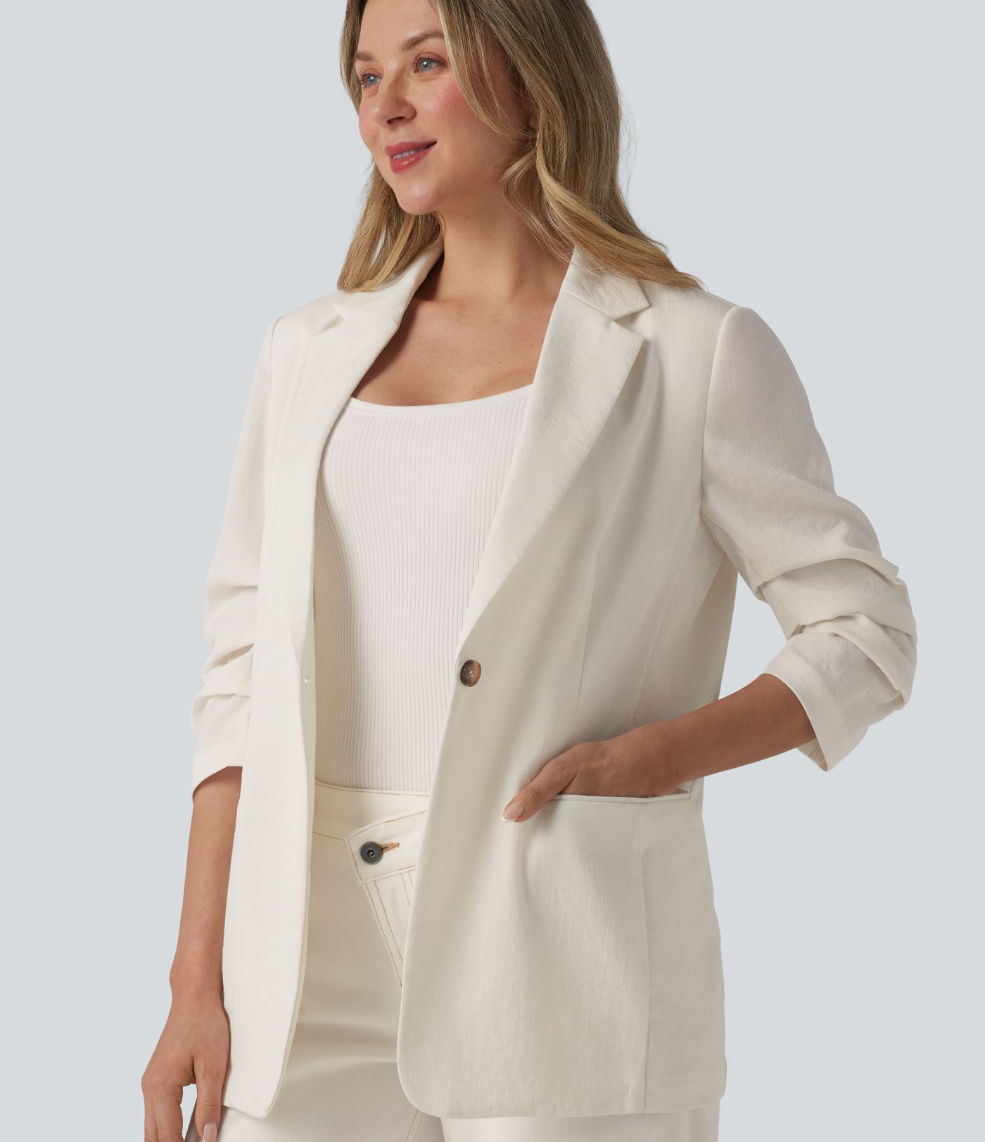 3/4 Sleeve Ruched Linen-Feel Work Blazer with Pockets