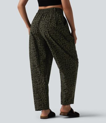 Mid Rise Leopard Print Casual Barrel Leg Pants with Pockets