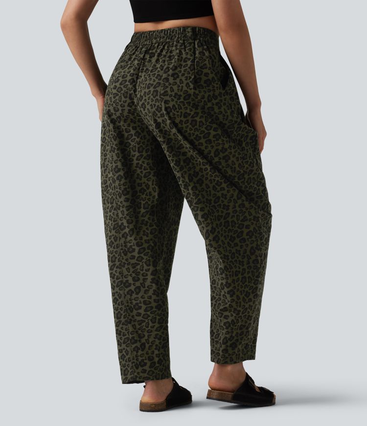 Mid Rise Leopard Print Casual Barrel Leg Pants with Pockets