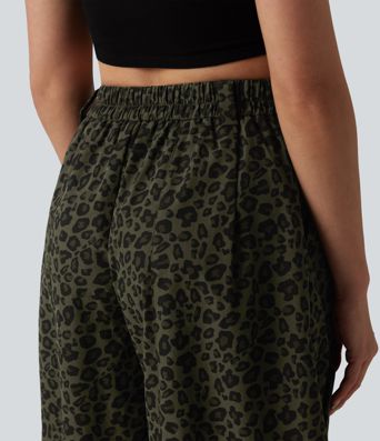 Mid Rise Leopard Print Casual Barrel Leg Pants with Pockets