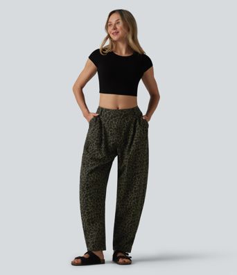 Mid Rise Leopard Print Casual Barrel Leg Pants with Pockets