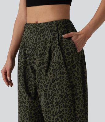 Mid Rise Leopard Print Casual Barrel Leg Pants with Pockets