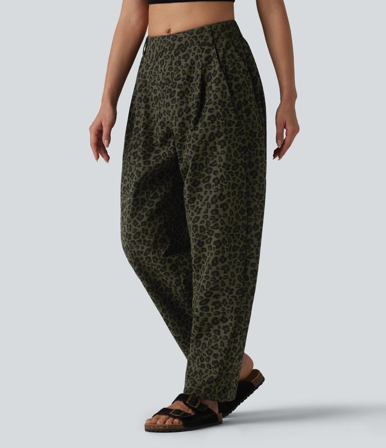 Mid Rise Leopard Print Casual Barrel Leg Pants with Pockets