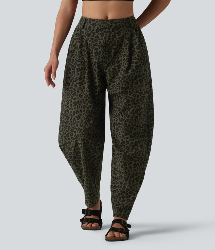 Mid Rise Leopard Print Casual Barrel Leg Pants with Pockets