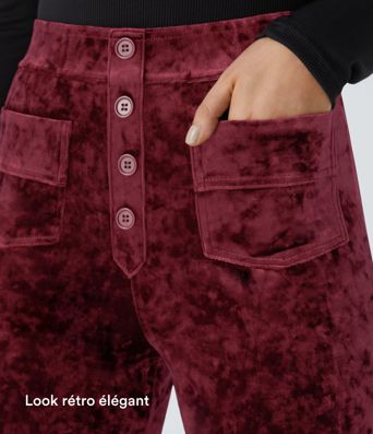 Pantalon Casual en Velours Taille Haute avec Bouton Multipoches Droites