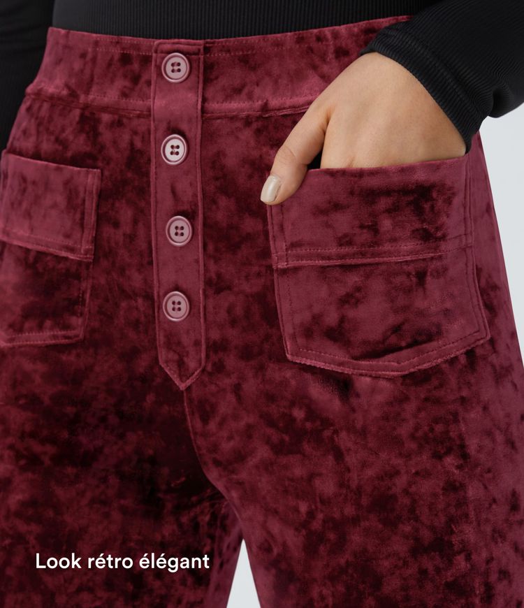 Pantalon Casual en Velours Taille Haute avec Bouton Multipoches Droites