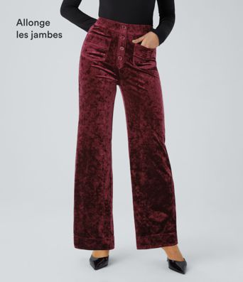 Pantalon Casual en Velours Taille Haute avec Bouton Multipoches Droites