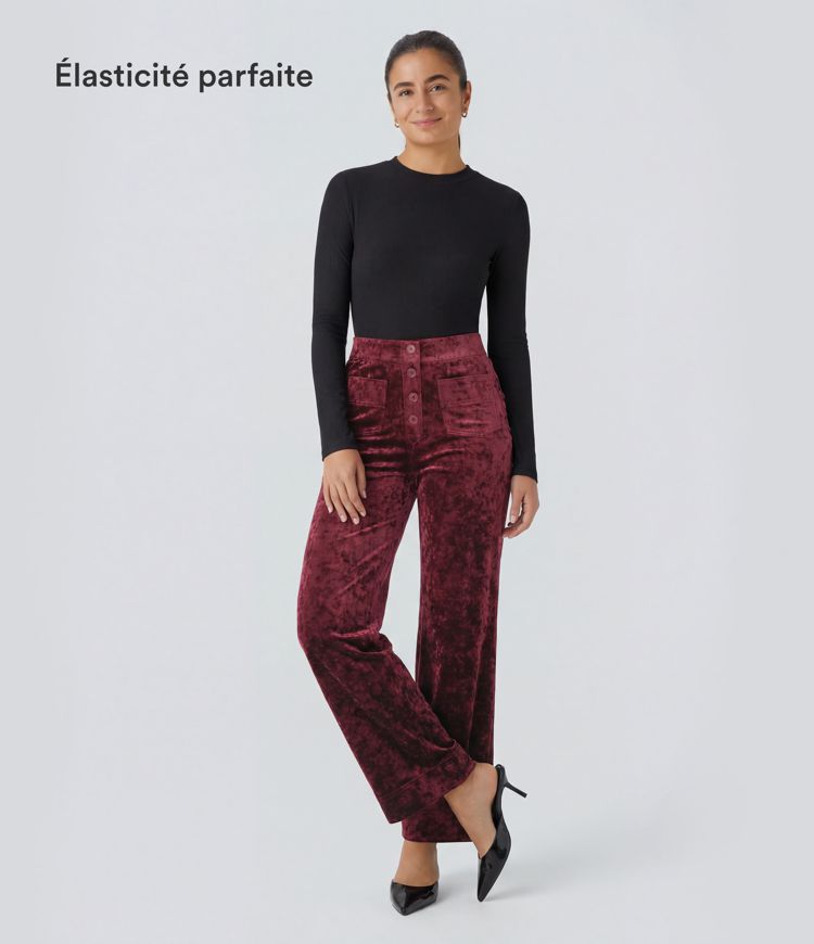 Pantalon Casual en Velours Taille Haute avec Bouton Multipoches Droites